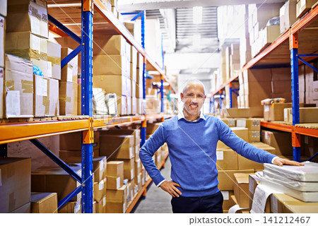 Portrait, boxes or man in printing factory for delivery order, storage or stock in warehouse or plant. Smile, happy mature manager or supply chain inspection for cargo, package or wholesale shipping 141212467