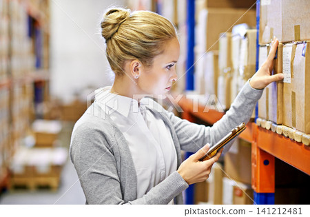 Tablet, label or woman in warehouse for shipping delivery, box shelf and stock in factory for storage. Printing logistics, manager or supplier inspection on package, cargo or product for online order Tablet, label or woman in warehouse for shipping delivery, box shelf and stock in factory for storage. Printing logistics, manager or supplier inspection on package, cargo or product for online order 141212481