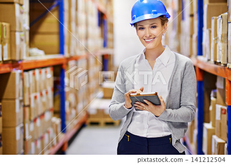 Tablet, portrait or woman in warehouse for safety, shipping delivery, product or stock in factory by shelf. Printing logistics, happy inspector or boxes for package or cargo for online order on web 141212504