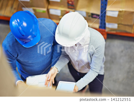 Checklist, tablet and people in warehouse for inventory, quality control or freight distribution. Manager, teamwork or above of inspector with stock logistics or boxes for supply chain in factory Checklist, tablet and people in warehouse for inventory, quality control or freight distribution. Manager, teamwork or above of inspector with stock logistics or boxes for supply chain in factory 141212551