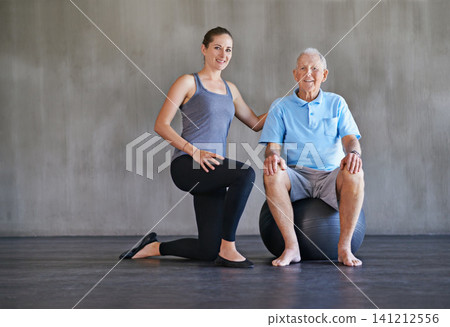 Elderly man, physical therapist and portrait for fitness in mockup space, retirement and training in studio. Mature person, trainer and wellness with health for workout, support and exercise. Elderly man, physical therapist and portrait for fitness in mockup space, retirement and training in studio. Mature person, trainer and wellness with health for workout, support and exercise. 141212556