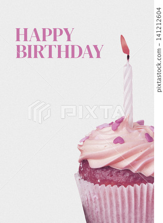 Cupcake with pink frosting and candle for birthday celebration Cupcake with pink frosting and candle for birthday celebration 141212604