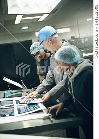 Team, work and together with machine in factory for printing industry or manufacturing business for wholesale paper distribution. Manager, employees and teach to operate equipment and machinery. Team, work and together with machine in factory for printing industry or manufacturing business for wholesale paper distribution. Manager, employees and teach to operate equipment and machinery. 141212609