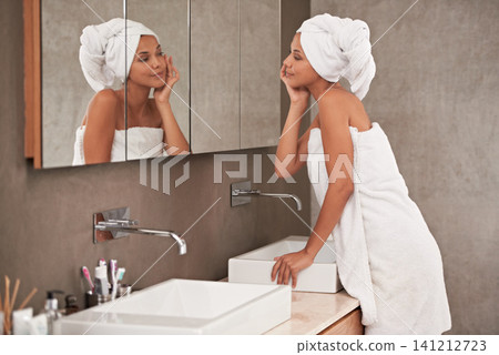 Bathroom, shower and woman in mirror for skincare, beauty and wellness in morning routine. Health, dermatology and person in reflection for facial treatment or cleaning, hygiene and grooming at home Bathroom, shower and woman in mirror for skincare, beauty and wellness in morning routine. Health, dermatology and person in reflection for facial treatment or cleaning, hygiene and grooming at home 141212723