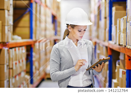 Tablet, inspector or woman in warehouse for safety, shipping delivery, product or stock in factory by shelf. Printing logistics, inspection or boxes for package or cargo for online order on website 141212764