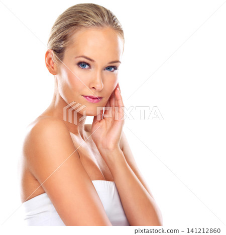 Woman, portrait and skincare beauty in studio for healthy makeup, cosmetics or white background. Female person, face and model for wellness dermatology or self care treatment, wellbeing or mockup 141212860
