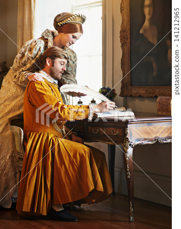 Couple, feather and writing a letter, royal and relax in home for history in noble palace. People, quill and bonding or notes in journal for plan, renaissance and aesthetic for support in marriage Couple, feather and writing a letter, royal and relax in home for history in noble palace. People, quill and bonding or notes in journal for plan, renaissance and aesthetic for support in marriage 141212965