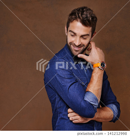 Thinking, smile and man in studio with idea, remember or happy memory, reflection or insight on brown background. Curious, planning and male model with emoji guess, brainstorming or problem solving Thinking, smile and man in studio with idea, remember or happy memory, reflection or insight on brown background. Curious, planning and male model with emoji guess, brainstorming or problem solving 141212998