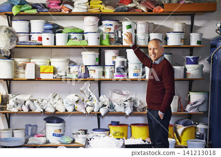 Businessman, equipment and portrait in workshop for manufacturing, maintenance and paint with happiness. Senior person, smile and mature contractor with stock for repairs, renovation or remodeling Businessman, equipment and portrait in workshop for manufacturing, maintenance and paint with happiness. Senior person, smile and mature contractor with stock for repairs, renovation or remodeling 141213018
