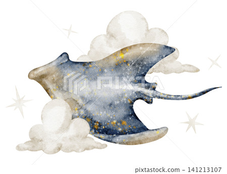 Ray watercolor illustration. Manta ray with clouds and stars flying in the sky on isolated background. Fantasy marine animal for ocean themes, nursery posters and storybook artwork in pastel colors. Ray watercolor illustration. Manta ray with clouds and stars flying in the sky on isolated background. Fantasy marine animal for ocean themes, nursery posters and storybook artwork in pastel colors. 141213107