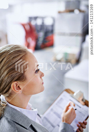 Checklist, factory or woman with warehouse logistics for delivery order, storage or stock on clipboard. Writing, inspector or supply chain inspection for product, package or wholesale cargo shipping Checklist, factory or woman with warehouse logistics for delivery order, storage or stock on clipboard. Writing, inspector or supply chain inspection for product, package or wholesale cargo shipping 141213169