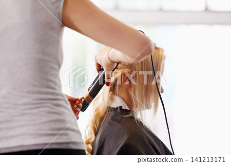 Cutting, salon and closeup with client, hair style and grooming with wellness and service. People, curl tong or customer with scissor or startup with shampoo or volume with trim, luxury or texture Cutting, salon and closeup with client, hair style and grooming with wellness and service. People, curl tong or customer with scissor or startup with shampoo or volume with trim, luxury or texture 141213171