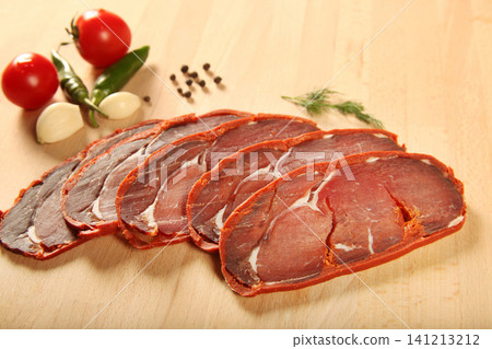 Turkish bacon, pastrami ( Kayseri pastirma ) Fresh sliced pastrami Turkish bacon, pastrami ( Kayseri pastirma ) Fresh sliced pastrami 141213212