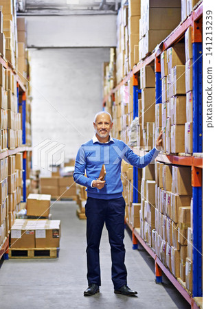 Checklist, boxes or man in warehouse for shipping delivery order, storage or stock in factory with tablet. Printing logistics, happy mature manager or supplier inspection on package, cargo or safety 141213239