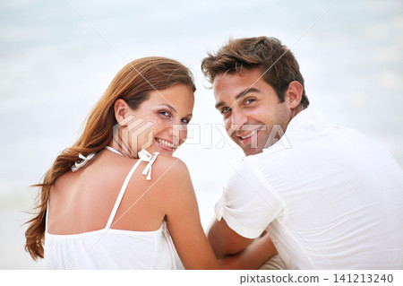 Happy couple, portrait and love in nature for romantic and travel on honeymoon by sky background. Man, woman and smile on face for bonding together with care, peace or trip for commitment in marriage Happy couple, portrait and love in nature for romantic and travel on honeymoon by sky background. Man, woman and smile on face for bonding together with care, peace or trip for commitment in marriage 141213240