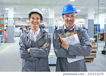 Portrait, people or paper in hard hat, logistics or product delivery in warehouse building. Mature man, happy woman or clipboard in document, stock or shipping administration as supply chain project 141213279