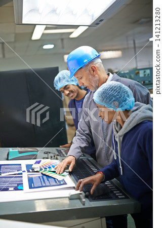 Workers, printing and manufacturing in factory for packaging, distribution or logistics industry. Group or team and people in warehouse paper or product for supply chain, print and stock for supplier 141213280