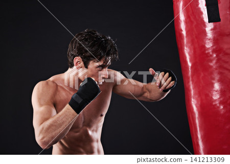 Man, punching bag and cardio with fitness, training and fighter with gloves and wellness with endurance. Boxer, balance and athlete with exercise and workout with sports, healthy guy and progress Man, punching bag and cardio with fitness, training and fighter with gloves and wellness with endurance. Boxer, balance and athlete with exercise and workout with sports, healthy guy and progress 141213309