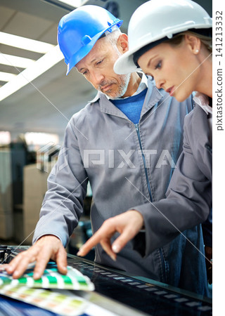 Manager, distribution and printing in factory with people for inspection, discussion and collaboration. Boss, teamwork and woman in warehouse for review with production of newsletter for industry Manager, distribution and printing in factory with people for inspection, discussion and collaboration. Boss, teamwork and woman in warehouse for review with production of newsletter for industry 141213332