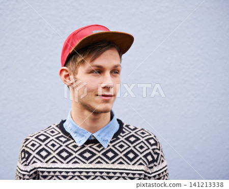 Smile, fashion and happy male person, cap and trendy clothing on studio background. Face, contemporary and hat with casual outfit for handsome man model, hipster and confidence with funky style Smile, fashion and happy male person, cap and trendy clothing on studio background. Face, contemporary and hat with casual outfit for handsome man model, hipster and confidence with funky style 141213338