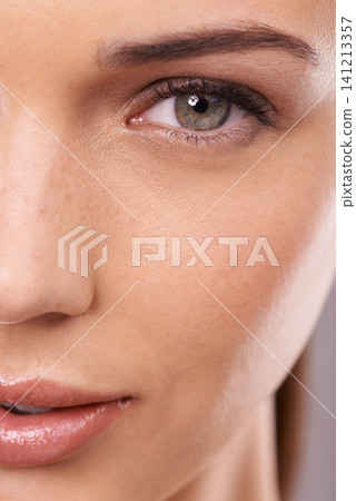 Skincare, closeup and portrait of woman in studio for wellness, health and facial for spa aesthetic. Luxury salon, dermatology and face of person with makeup, cosmetics and beauty on gray background Skincare, closeup and portrait of woman in studio for wellness, health and facial for spa aesthetic. Luxury salon, dermatology and face of person with makeup, cosmetics and beauty on gray background 141213357