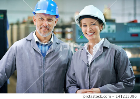 Teamwork, smile and portrait in factory for manufacturing, distribution or logistics industry. Mature people and happy in packaging plant or warehouse for supply chain, print and stock for supplier 141213396