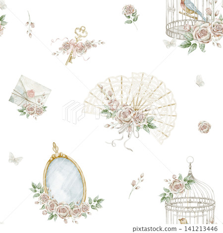 Seamless watercolor pattern with mirrors, fans, flowers, perfume accessories and romantic decorative elements. Vintage illustration for wrapping paper, scrapbooking, wallpaper in pastel colors. Seamless watercolor pattern with mirrors, fans, flowers, perfume accessories and romantic decorative elements. Vintage illustration for wrapping paper, scrapbooking, wallpaper in pastel colors. 141213446