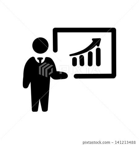 Silhouette illustration of a businessman giving a presentation, graph, rising, icon. Silhouette illustration of a businessman giving a presentation, graph, rising, icon. 141213488