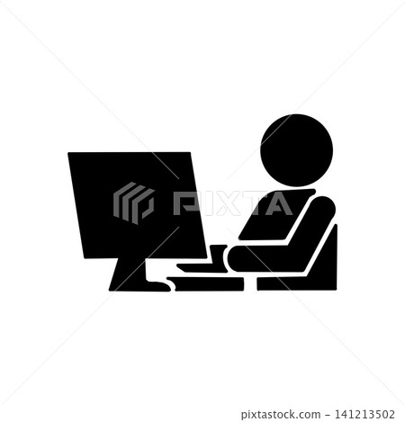 Pictogram and silhouette images of people working on a computer. Pictogram and silhouette images of people working on a computer. 141213502