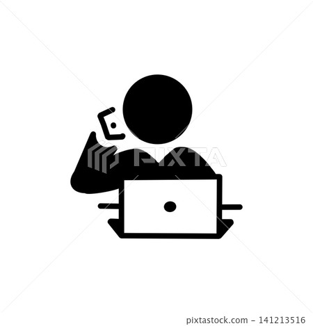 Silhouette icon of a person working on a computer while talking on the phone - an image of teleworking. Silhouette icon of a person working on a computer while talking on the phone - an image of teleworking. 141213516
