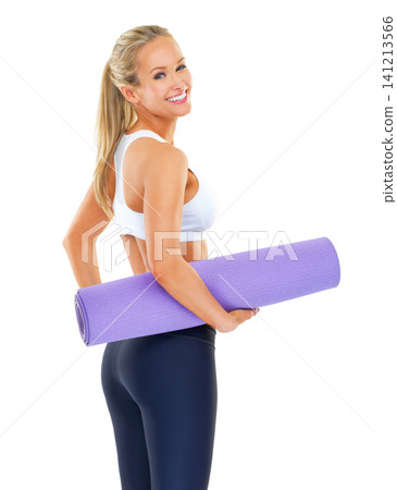 Portrait, yoga mat and woman with fitness, zen and healthy person isolated on white studio background. Full body, athlete or model with exercise and wellness with cardio and workout with training Portrait, yoga mat and woman with fitness, zen and healthy person isolated on white studio background. Full body, athlete or model with exercise and wellness with cardio and workout with training 141213566