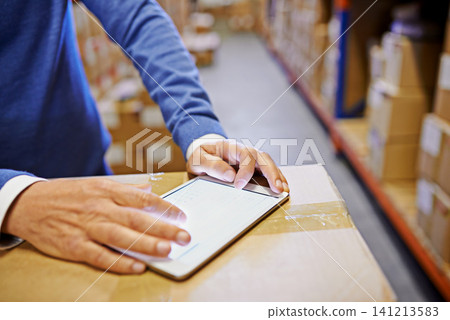 Man, warehouse and tablet with orders, boxes and stock for delivery, distribution and logistics. Male person, inspector and technology in e-commerce, retail and supply chain for manufacturing 141213583