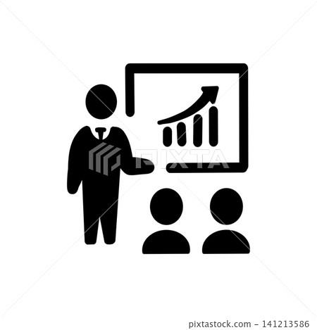 Icons of a businessman giving a presentation and graphs, and silhouette images of meetings and seminars. Icons of a businessman giving a presentation and graphs, and silhouette images of meetings and seminars. 141213586