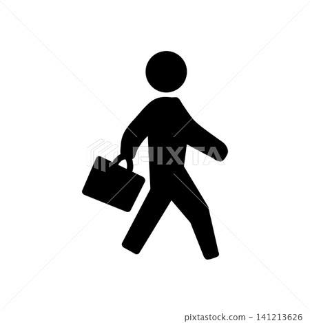 Pictogram of a businessman, silhouette illustration of a person holding a suitcase, white background. Pictogram of a businessman, silhouette illustration of a person holding a suitcase, white background. 141213626