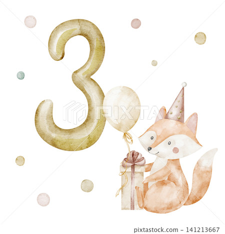 Birthday watercolor illustration with golden number Three, Fox, balloon and gift. Template for milestone cart or nursery greeting with cute animal in pastel colors. Cute celebration design Birthday watercolor illustration with golden number Three, Fox, balloon and gift. Template for milestone cart or nursery greeting with cute animal in pastel colors. Cute celebration design 141213667