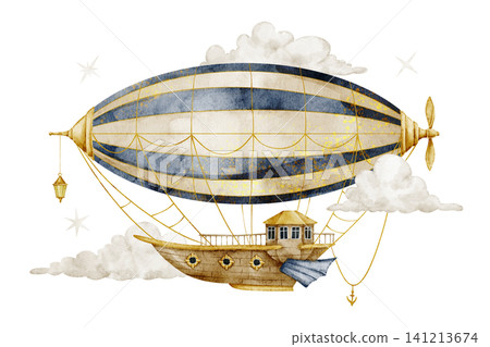 Airship watercolor illustration. Vintage zeppelin with clouds on isolated background. Fantasy flying transport for nursery poster, travel themes and baby storybook artwork. Art of zeppelin. Airship watercolor illustration. Vintage zeppelin with clouds on isolated background. Fantasy flying transport for nursery poster, travel themes and baby storybook artwork. Art of zeppelin. 141213674