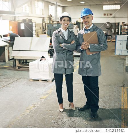 Portrait, people or clipboard for product, inspection or safety helmet for management with industry ppe. Mature man, happy woman or checklist for factory, stock or inventory quality assurance Portrait, people or clipboard for product, inspection or safety helmet for management with industry ppe. Mature man, happy woman or checklist for factory, stock or inventory quality assurance 141213681