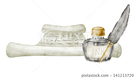 Ink watercolor illustration with scroll and feather pen. Art of vintage writing composition on isolated background. Decorative element for design, manuscript, calligraphy theme. Ink watercolor illustration with scroll and feather pen. Art of vintage writing composition on isolated background. Decorative element for design, manuscript, calligraphy theme. 141213720