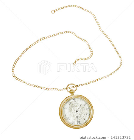Watch watercolor illustration with vintage pocket watch and chain. Antique timekeeping object on isolated background. Drawing of decorative element for design, retro, history theme. 141213721