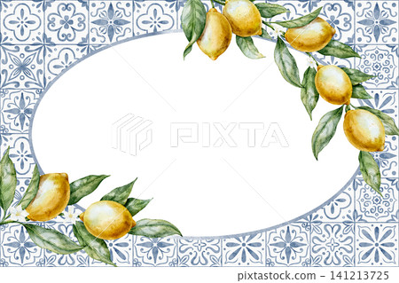 Watercolor Lemon Template with ceramic tile ornament forming oval frame. Illustration of border with copy space and citrus fruits for labels, invitations, packaging and kitchen decor. Botanical art. 141213725