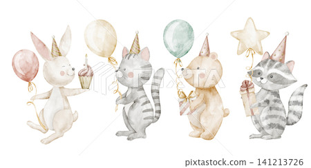 Animal watercolor illustration with birthday party composition, balloons and gift boxes on isolated background. Cute Hare and Bear for baby party invitations or childish pastel greeting cards. 141213726