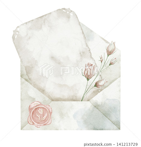 Envelope watercolor illustration with manuscript paper and wax seal on isolated background for romantic stationery design. Art of vintage letter for wedding invitations or greeting feminine cards. Envelope watercolor illustration with manuscript paper and wax seal on isolated background for romantic stationery design. Art of vintage letter for wedding invitations or greeting feminine cards. 141213729