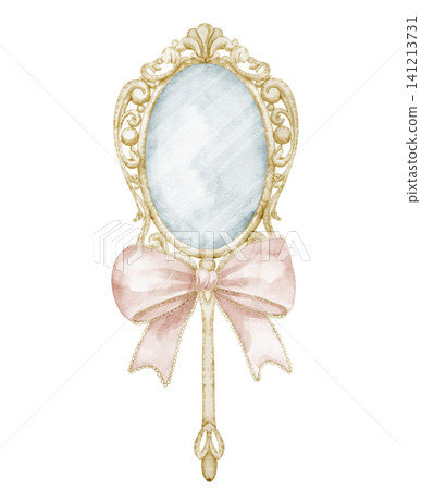 Mirror watercolor illustration with pink ribbon and golden frame on isolated background for romantic vintage decor design. Art of retro element with bow for wedding invitations or greeting cards. Mirror watercolor illustration with pink ribbon and golden frame on isolated background for romantic vintage decor design. Art of retro element with bow for wedding invitations or greeting cards. 141213731