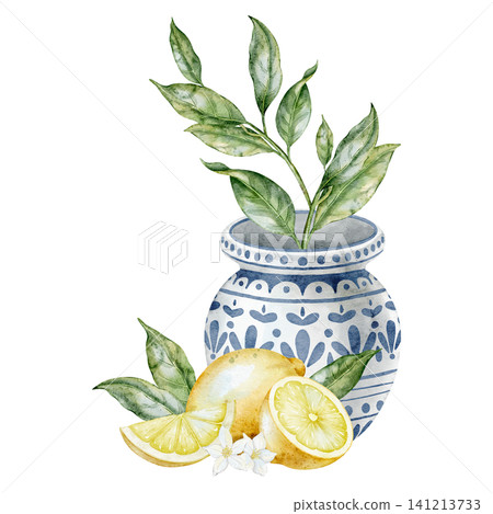 Lemon watercolor illustration with Mediterranean ceramic vase, citrus slices, leaves and botanical arrangement on isolated background for kitchen decor and cooking book design. Art for recipe and menu Lemon watercolor illustration with Mediterranean ceramic vase, citrus slices, leaves and botanical arrangement on isolated background for kitchen decor and cooking book design. Art for recipe and menu 141213733