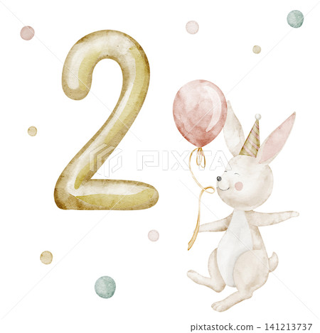 Birthday watercolor illustration with golden number two, balloon, hare, cupcake and confetti in pastel colors for celebration design. Milestone card for baby invitations or greeting templates. Birthday watercolor illustration with golden number two, balloon, hare, cupcake and confetti in pastel colors for celebration design. Milestone card for baby invitations or greeting templates. 141213737