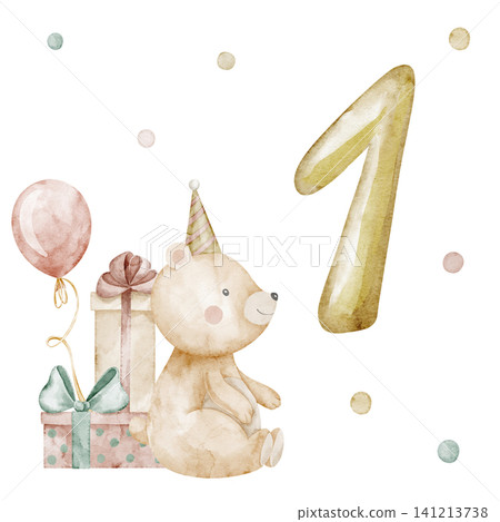 Birthday watercolor illustration with golden number One, balloon, bear, gift and confetti in pastel colors for celebration design. Milestone card for nursery poster, greeting templates and invitations Birthday watercolor illustration with golden number One, balloon, bear, gift and confetti in pastel colors for celebration design. Milestone card for nursery poster, greeting templates and invitations 141213738