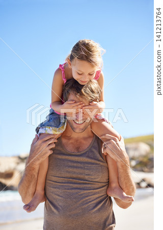 Smile, dad and shoulder to carry child for family, game and bonding together on summer beach day. Blue sky, papa and young female kid for fun walk, happiness and sunshine on vacation in Brazil Smile, dad and shoulder to carry child for family, game and bonding together on summer beach day. Blue sky, papa and young female kid for fun walk, happiness and sunshine on vacation in Brazil 141213764
