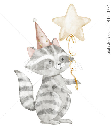 Racoon watercolor illustration holding balloon on isolated background. Cute character for Baby Birthday greeting card and childish party invitation. Animal for celebration design in pastel colors Racoon watercolor illustration holding balloon on isolated background. Cute character for Baby Birthday greeting card and childish party invitation. Animal for celebration design in pastel colors 141213784
