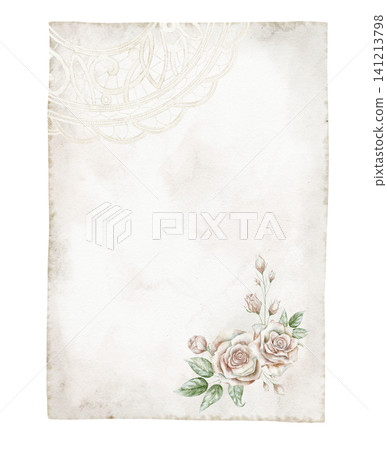 Paper watercolor illustration with vintage textured sheet and floral corner decoration. Art of antique background on isolated background. Template for weeding invitation and greeting cards. Paper watercolor illustration with vintage textured sheet and floral corner decoration. Art of antique background on isolated background. Template for weeding invitation and greeting cards. 141213798