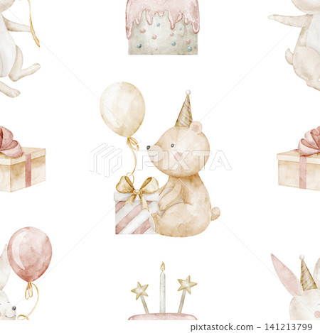 Birthday pattern watercolor illustration with cute animals, balloons, cake and gift boxes. Seamless background with bear and hare in pastel colors for party festive design or baby wrapping paper Birthday pattern watercolor illustration with cute animals, balloons, cake and gift boxes. Seamless background with bear and hare in pastel colors for party festive design or baby wrapping paper 141213799